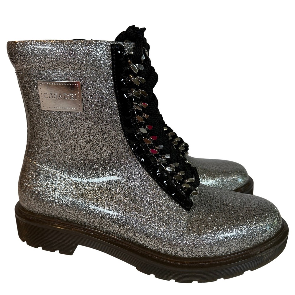 Casadei Silver Glitter Chain Combat Boots Side Zip Lug Sole Womens 40 EU
